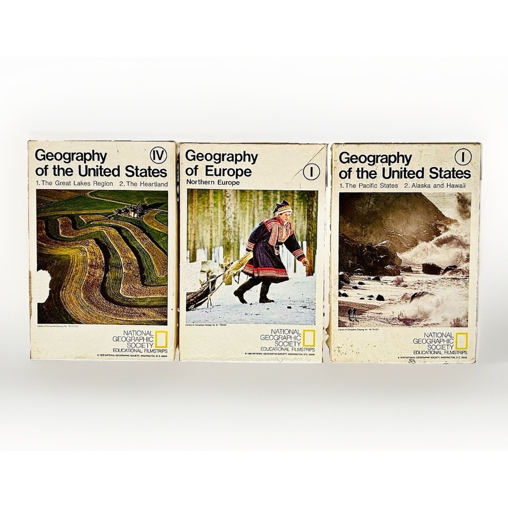 Lot 3 Vtg National Geographic Geography Filmstrips Tapes Teacher Guide Booklets
